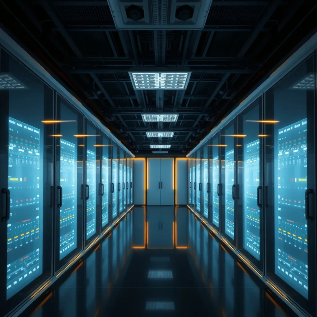 A high-tech clean server room interface with golden light ac